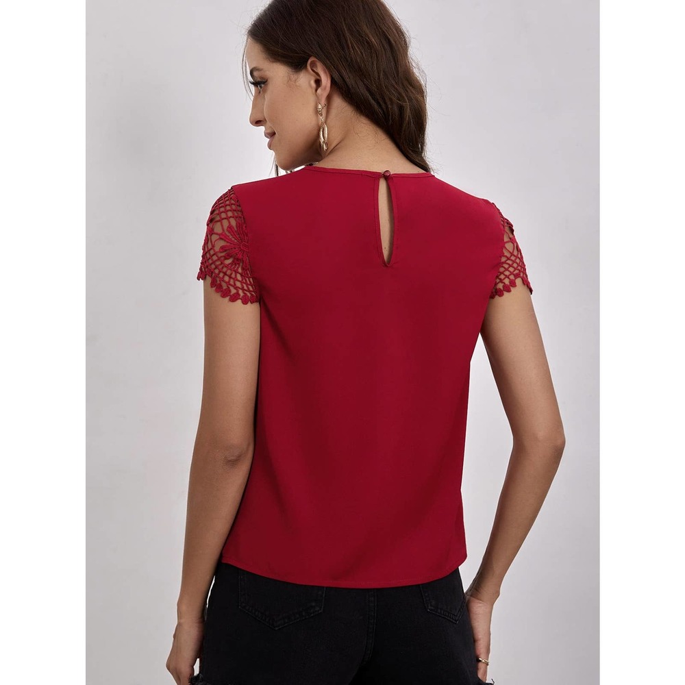 Keyhole short sleeve Guipure Lace Blouse maroon red - Picture 2 of 8